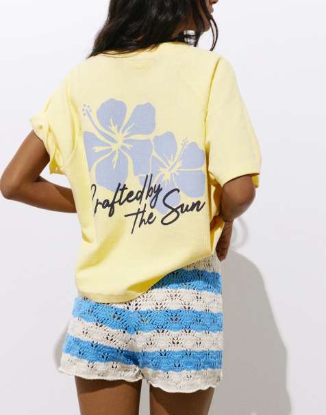 Pull&Bear Los angeles hibiscus floral t-shirt in light yellow - view 1