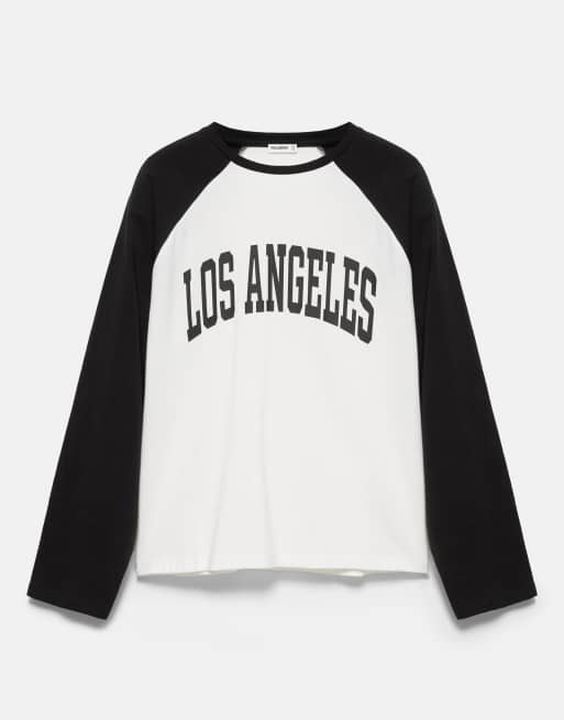 Pull&Bear Los angeles t-shirt med raglanärmar i vitt/svart, 3 av 5