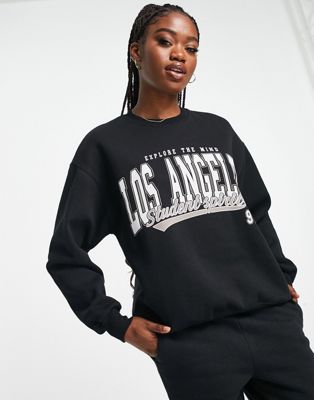 Pull&Bear Los Angeles varisty sweatshirt in black