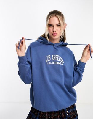 Pull&Bear 'Los Angeles' varsity back print oversized hoodie in blue