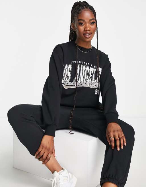 Pull Bear Los Angeles varsity sweatshirt in black ASOS