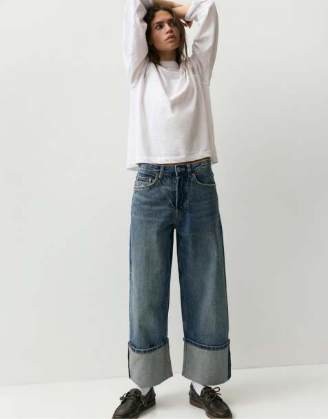 Pull&Bear - Losse jeans met rechte pijpen en omgeslagen zoom in donkerblauw - view 1