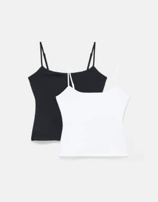 Pull & Bear - Lot de 2 tops à fines bretelles - Noir/blanc-multicolore L