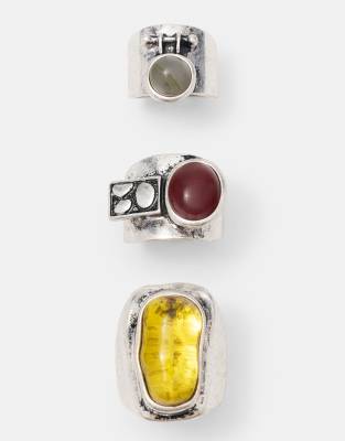 Pull & Bear - Lot de 3 bagues ornées de pierres - Argenté