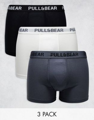 Pull&Bear 3 pack boxers contrast waistband in white, grey and black - ASOS Price Checker