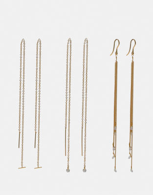 Pull & Bear - Lot de 3 paires de boucles d'oreilles pendantes - Doré