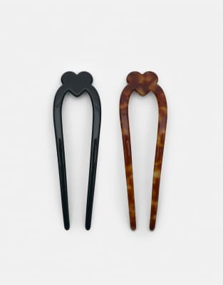 Pull & Bear - Lot de pinces à cheveux à motif caur - Noir