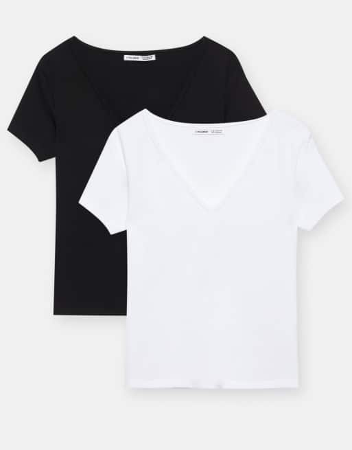 Pull&Bear - Lot de t-shirts à col V - Blanc/noir, 4 de 4
