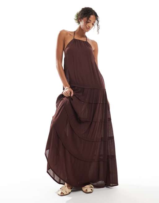 Pull&Bear low back tiered maxi dress in brown