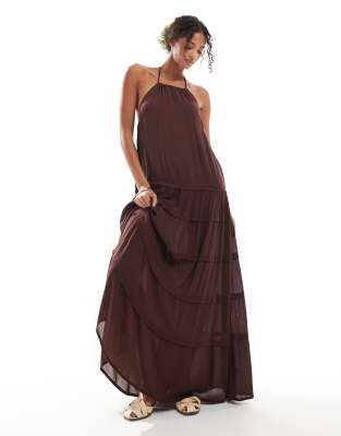 Pull&Bear low back tiered maxi dress in brown