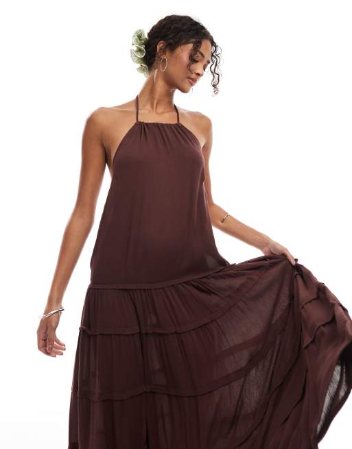 Pull&Bear low back tiered maxi dress in brown