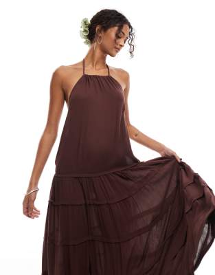 Pull&Bear low back tiered maxi dress in brown