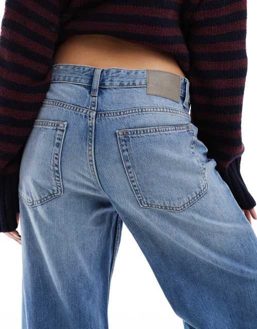 Pull&Bear low rise oversized baggy jeans in mid blue 