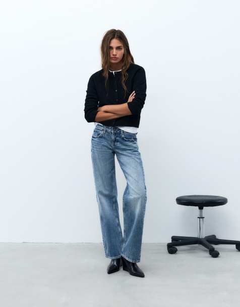 Pull&Bear Low-rise straight-leg jeans with heart studs in medium blue - view 1