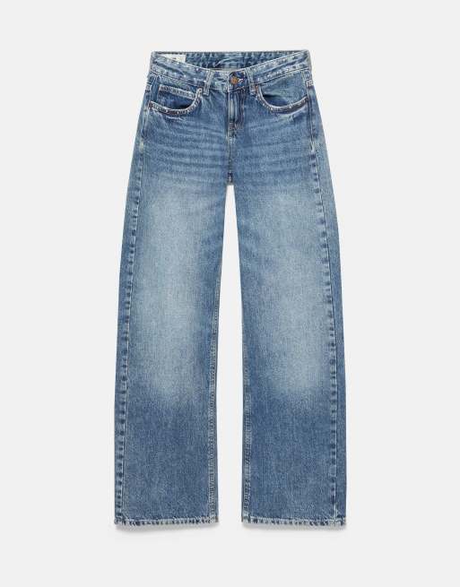 Pull&Bear Low-rise straight-leg jeans with heart studs in medium blue, 6 of 7