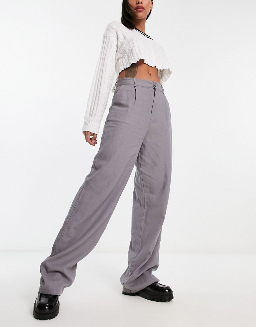 Pull & Bear Low Waist Linen Pants In Gray