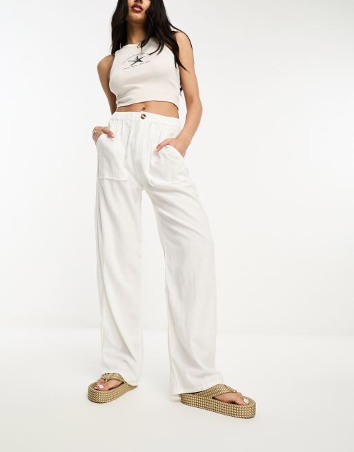 Bershka high waisted wide leg linen trousers in black