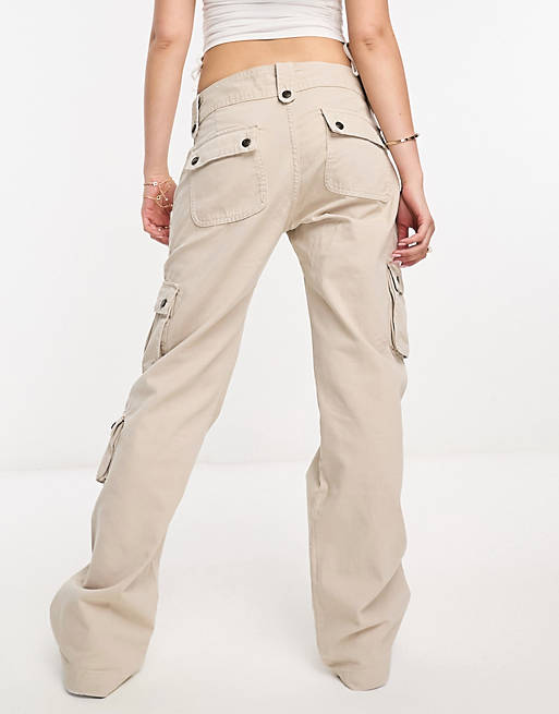 Pull&Bear low waist snap detail cargo pants in cream