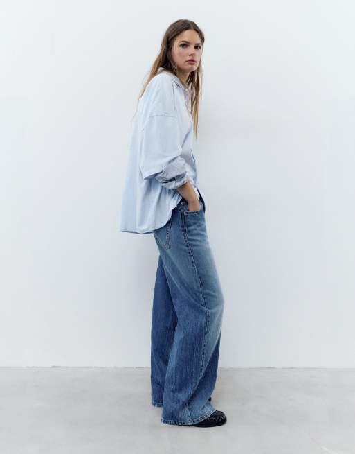 Pull&Bear low waist wide leg jeans in dark blue, 3 of 7