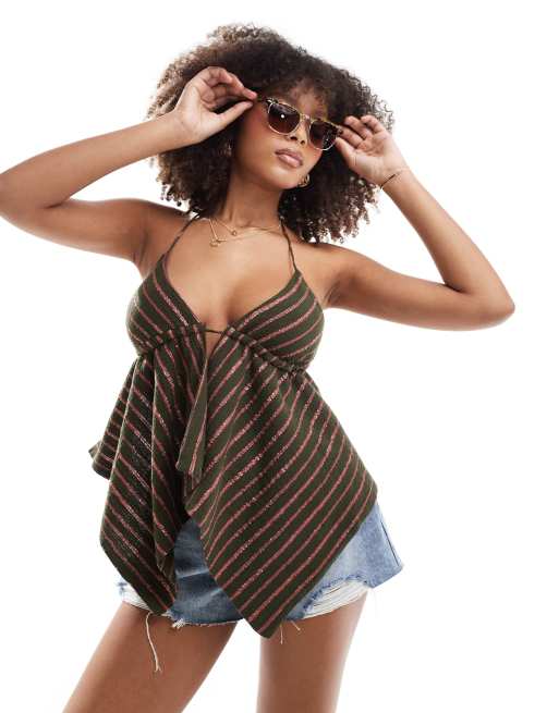 Pull&Bear lurex striped halterneck top with draped hem in green stripe