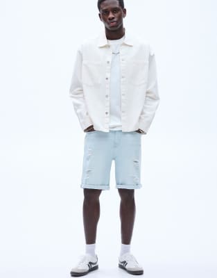 Pull&Bear - Lys indigoblå bermuda-denimshorts med flænger i slim fit