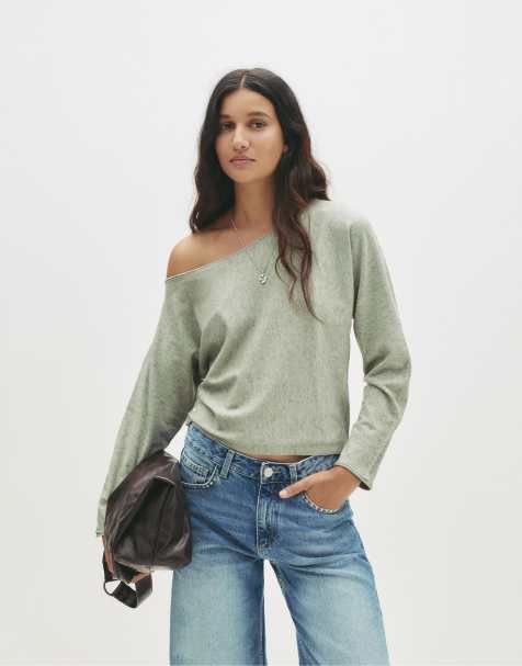 Pull&Bear - Lys khakigrøn sweater med asymmetrisk hals - view 1