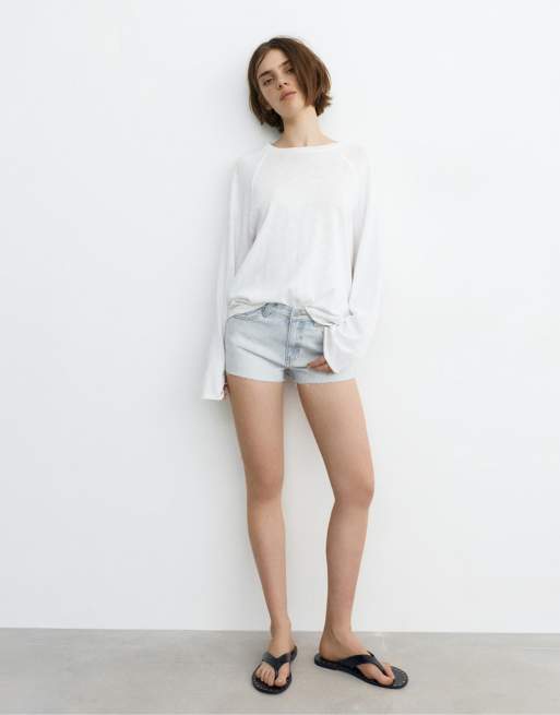 Pull&Bear - Lyseblå denimshorts med mellemhøj talje og rhinsten, 4 af 4