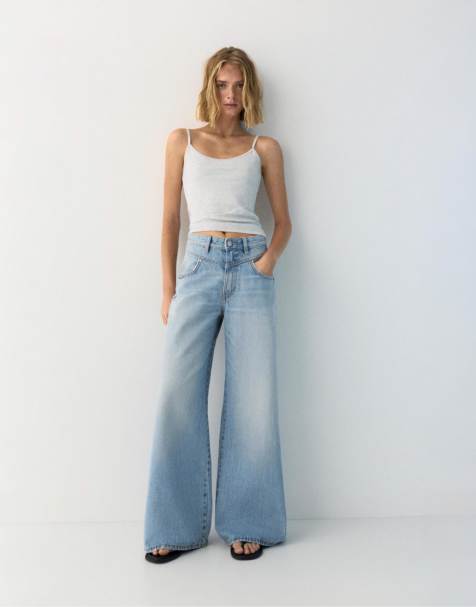 Pull&Bear - Lyseblå jeans med vide ben og sømdetaljer - view 1