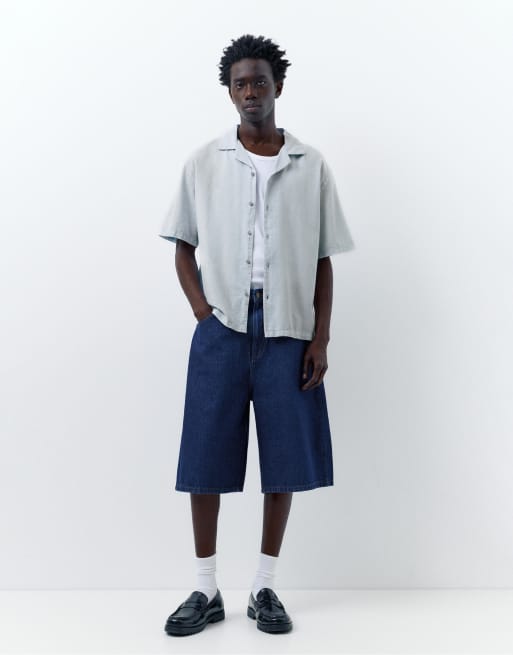 Pull&Bear - Lyseblå kortærmet skjorte i hørblanding, 4 af 4