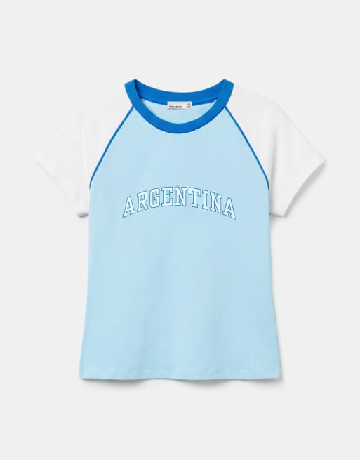 Pull&Bear - Lyseblå slim fit-T-shirt med 'Argentina'-grafik, 3 af 4