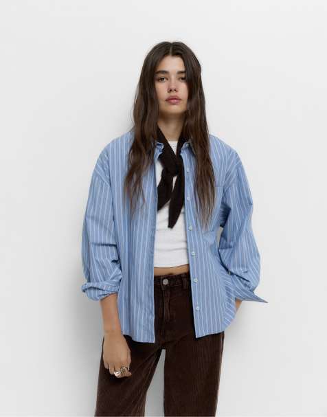 Pull&Bear - Lyseblå stribet skjorte med lomme foran - view 1