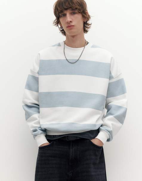 Pull&Bear - Lyseblå stribet sweatshirt med rund hals - view 1