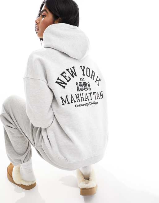Pull&Bear - Lysegrå hættetrøje med New York-grafik