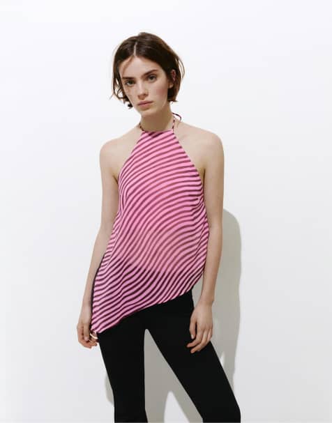 Pull&Bear - Lyserød bølget top med halterneck - view 1