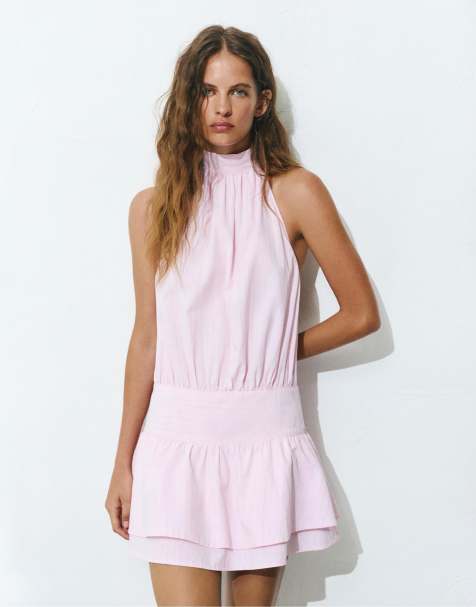 Pull&Bear - Lyserød kort kjole med halterneck og striber - view 1