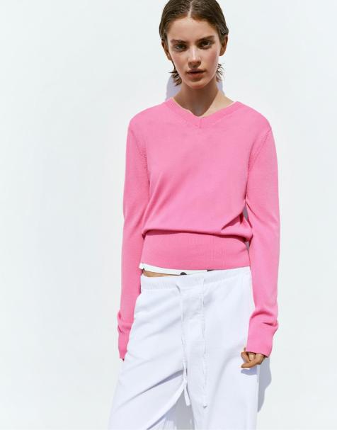 Pull&Bear - Lyserød striktrøje med v-hals - view 1