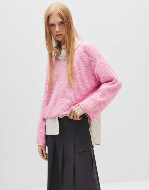 Pull&Bear - Lyserød sweater i chenille med V-hals - view 1