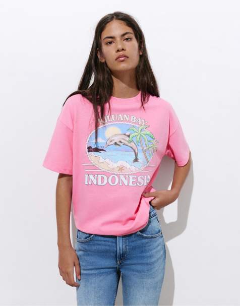 Pull&Bear - Lyserød T-shirt med grafisk 'Indonesia'-delfinprint - view 1