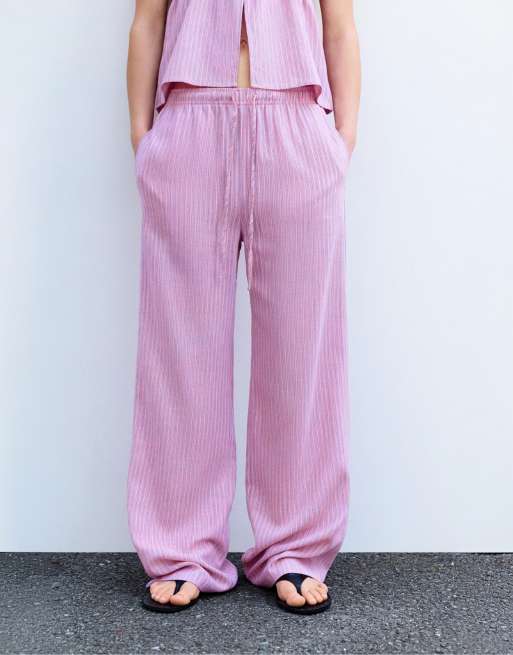 Pull&Bear - Lyserøde bukser i hørblanding med striber og pyjamas-design, 2 af 4