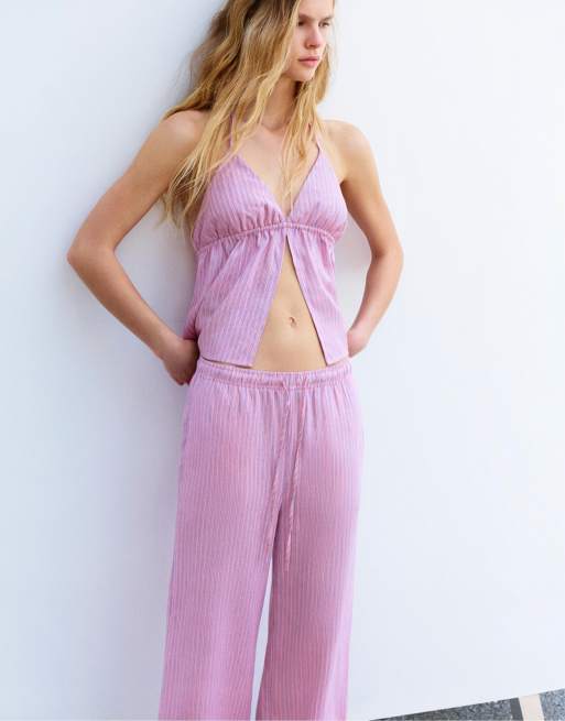 Pull&Bear - Lyserøde bukser i hørblanding med striber og pyjamas-design, 4 af 4