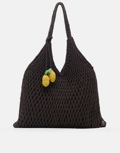 Pull&Bear - Macramé tote tas met versiering in bruin - view 1
