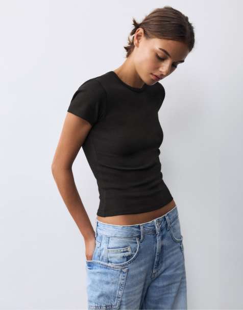 Pull&Bear - Maglietta a maniche corte nera a coste - view 1