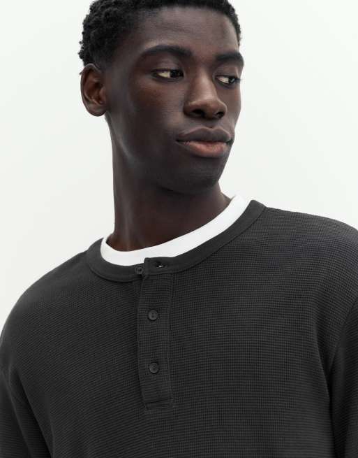 Pull&Bear maglietta a maniche lunghe in maglia waffle grigia, 3 di 7