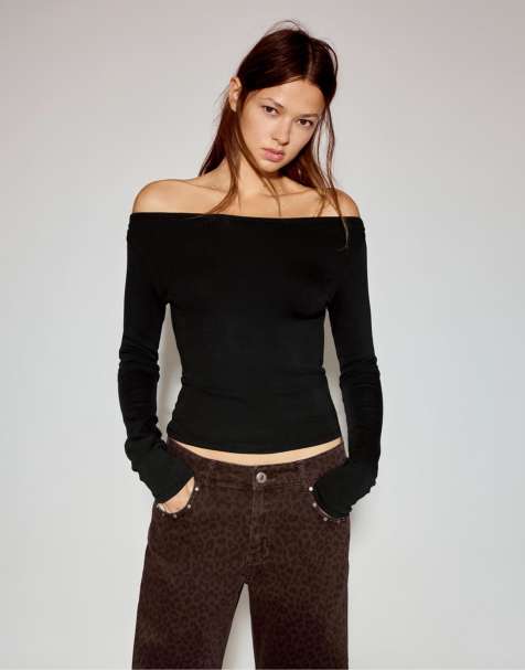 Pull&Bear - Maglietta a maniche lunghe nera con scollo a barchetta - view 1