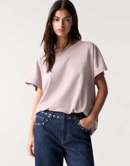 Pull&Bear - Maglietta a maniche lunghe oversize color rosa pallido