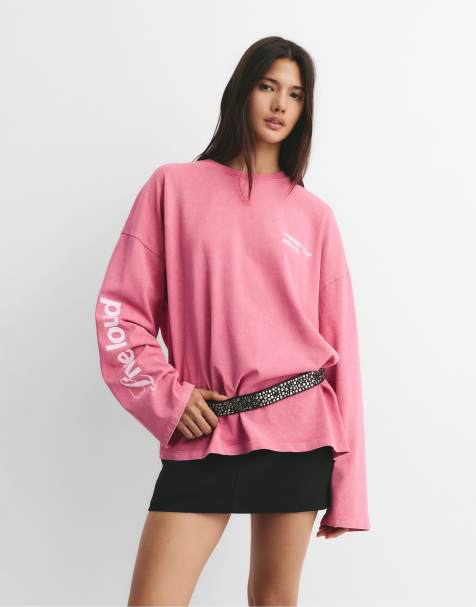 Pull&Bear - Maglietta a maniche lunghe rosa effetto sbiadito con scritta - view 1