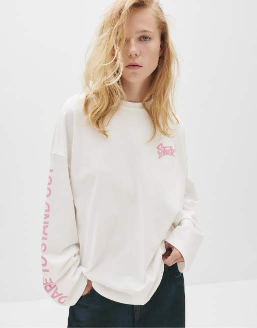 Pull&Bear - Maglietta bianca a maniche lunghe con stampa STWD