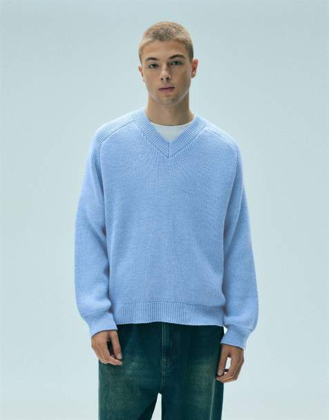 Pull&Bear maglione a punto brioche con scollo a V in grigio azzurrato - view 1