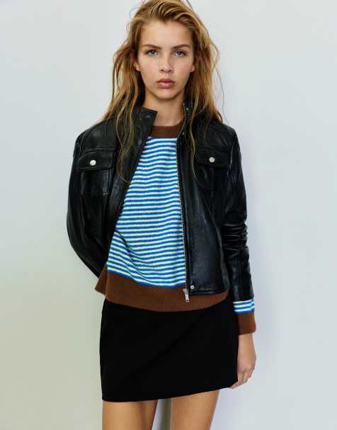 Pull&Bear maglione a righe con collo a contrasto azzurro chiaro - view 1