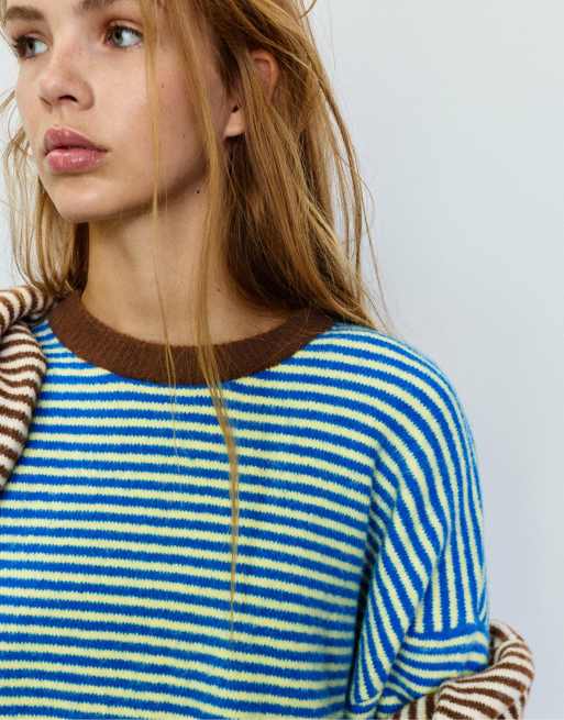 Pull&Bear maglione a righe con collo a contrasto azzurro chiaro, 3 di 7